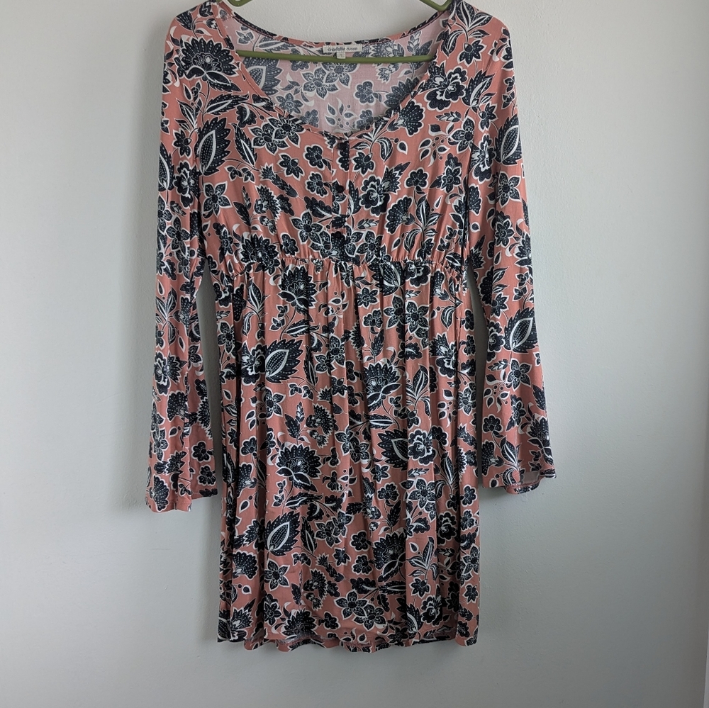 Coral Floral Lightweight Flare Sleeve Empire Waist Midi Dress